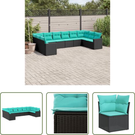 Gartensessel -  10-tlg. Garten-Sofagarnitur mit Kissen Schwarz Poly Rattan