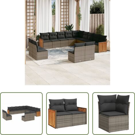 Gartensessel -  13-tlg. Garten-Sofagarnitur mit Kissen Grau Poly Rattan