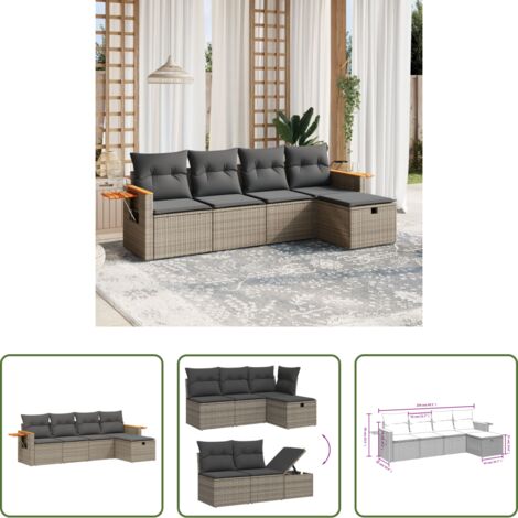 Gartensessel -  5-tlg. Garten-Sofagarnitur mit Kissen Grau Poly Rattan