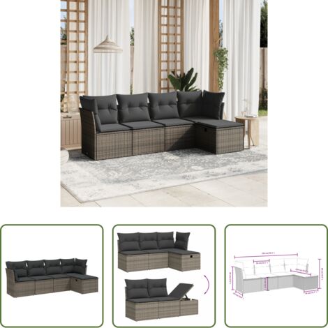 Gartensessel -  5-tlg. Garten-Sofagarnitur mit Kissen Grau Poly Rattan