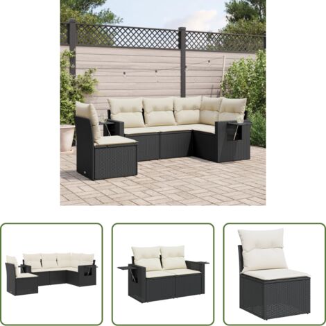 Gartensessel -  5-tlg. Garten-Sofagarnitur mit Kissen Schwarz Poly Rattan