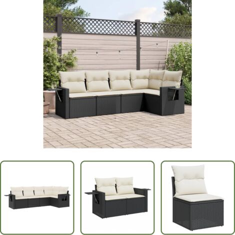 Gartensessel -  5-tlg. Garten-Sofagarnitur mit Kissen Schwarz Poly Rattan