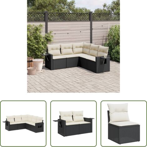 Gartensessel -  5-tlg. Garten-Sofagarnitur mit Kissen Schwarz Poly Rattan