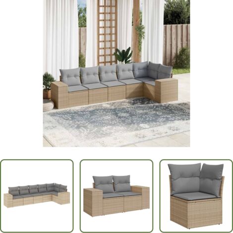 Gartensessel -  6-tlg. Garten-Sofagarnitur mit Kissen Beige Poly Rattan