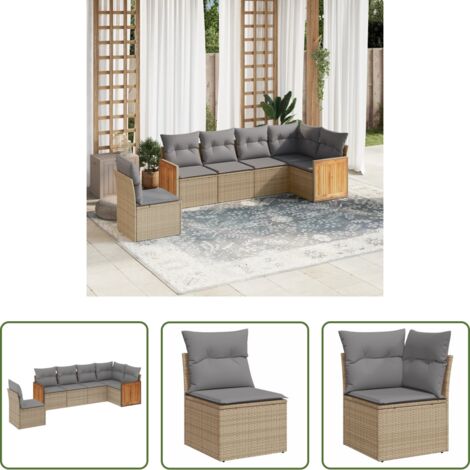 Gartensessel -  6-tlg. Garten-Sofagarnitur mit Kissen Beige Poly Rattan