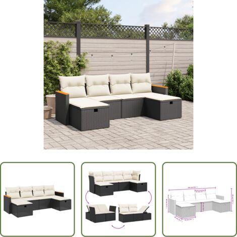 Gartensessel -  6-tlg. Garten-Sofagarnitur mit Kissen Schwarz Poly Rattan
