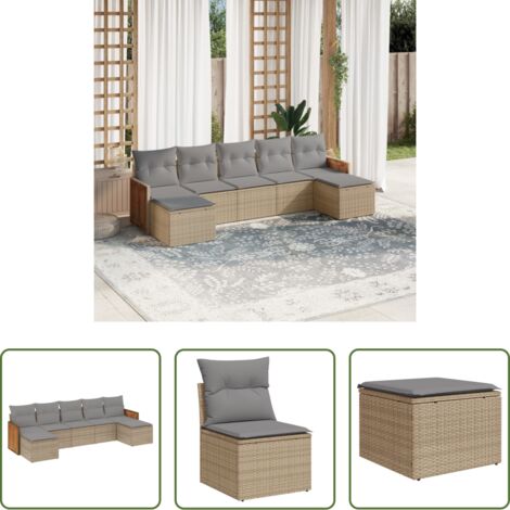 Gartensessel -  7-tlg. Garten-Sofagarnitur mit Kissen Beige Poly Rattan