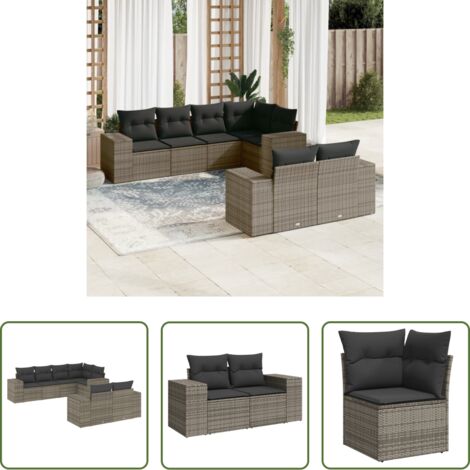 Gartensessel -  7-tlg. Garten-Sofagarnitur mit Kissen Grau Poly Rattan