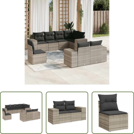 Gartensessel -  8-tlg. Garten-Sofagarnitur mit Kissen Hellgrau Poly Rattan