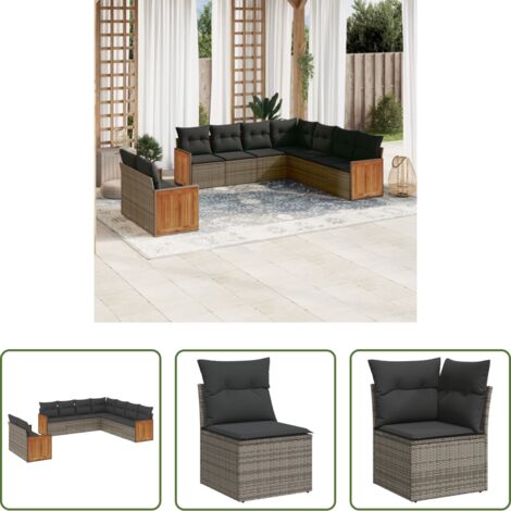 Gartensessel -  9-tlg. Garten-Sofagarnitur mit Kissen Grau Poly Rattan