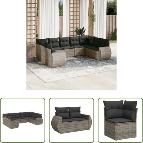 Gartensessel -  9-tlg. Garten-Sofagarnitur mit Kissen Grau Poly Rattan