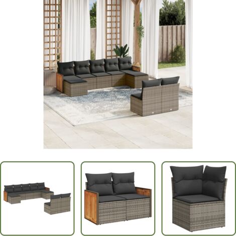 Gartensessel -  9-tlg. Garten-Sofagarnitur mit Kissen Grau Poly Rattan