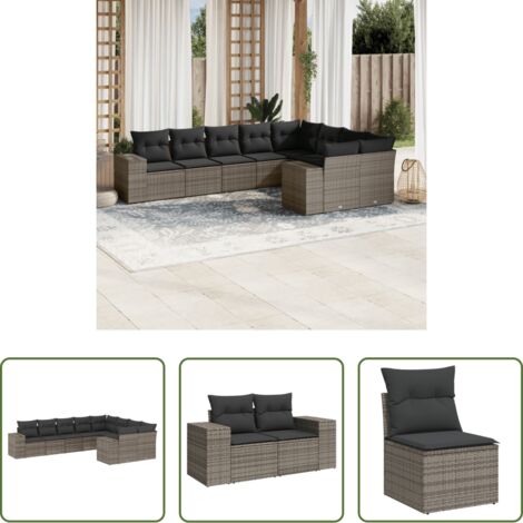 Gartensessel -  9-tlg. Garten-Sofagarnitur mit Kissen Grau Poly Rattan