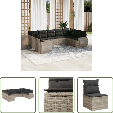 Gartensessel -  9-tlg. Garten-Sofagarnitur mit Kissen Hellgrau Poly Rattan