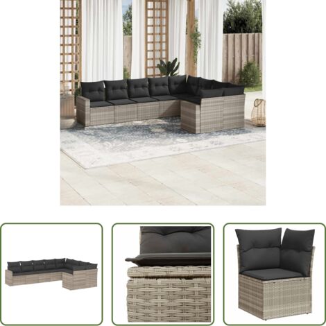 Gartensessel -  9-tlg. Garten-Sofagarnitur mit Kissen Hellgrau Poly Rattan