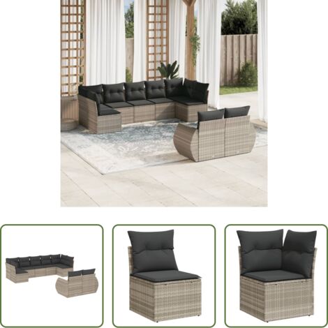Gartensessel -  9-tlg. Garten-Sofagarnitur mit Kissen Hellgrau Poly Rattan