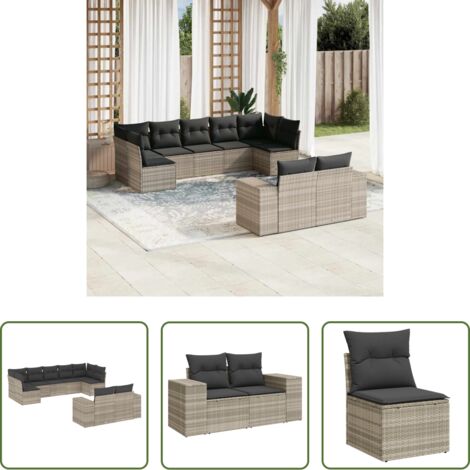 Gartensessel -  9-tlg. Garten-Sofagarnitur mit Kissen Hellgrau Poly Rattan