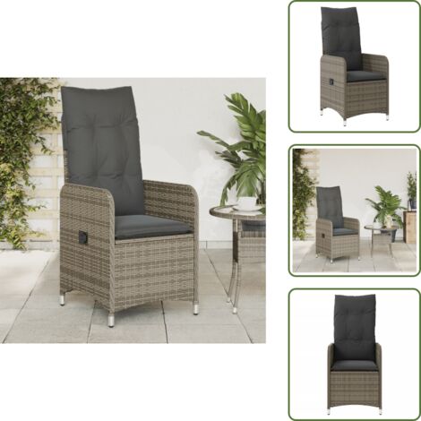 Gartensessel Verstellbar mit Kissen Grau Poly Rattan - Gartenstuhl - Relaxsessel - Loungesessel - Outdoor Möbel - Rattan Sessel