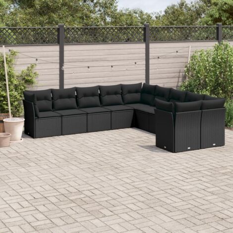 Gartenset 10 Teile mit Kissen Schwarz Geflechtskunststoff
