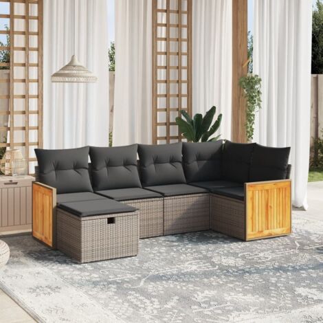 Gartenset 6-teilig mit grauen Kissen aus geflochtener Kunststoff