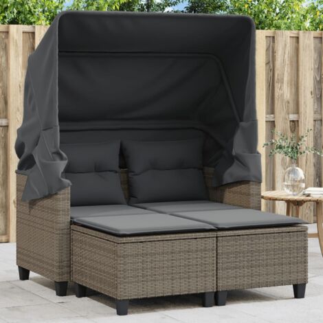 Gartensofa 2-Sitzer mit Dach und Hockern Grau Poly Rattan vidaXL