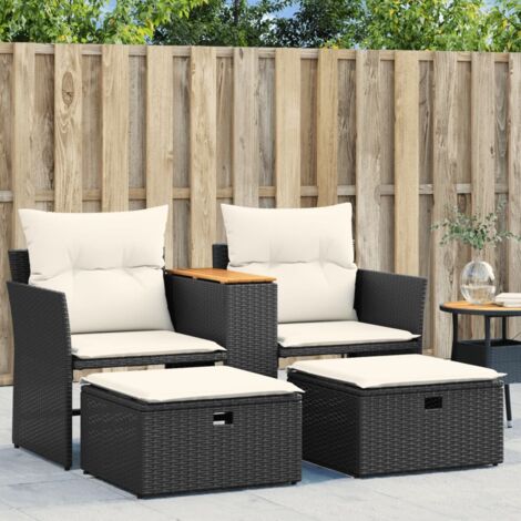 Gartensofa 2-Sitzer mit Hockern Schwarz Poly Rattan vidaXL