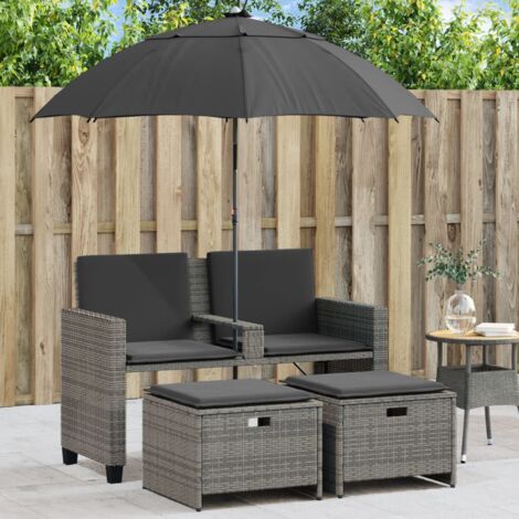 Gartensofa 2-Sitzer Sonnenschirm und Hocker Grau Poly Rattan vidaXL