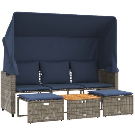 Gartensofa 3-Sitzer mit Baldachin und Hockern Grau Poly Rattan vidaXL