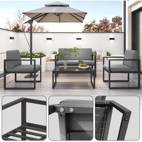 Gartensofa Aluminium Sitzgruppe Gartenset wetterfest Sitzgarnitur Grau Tisch