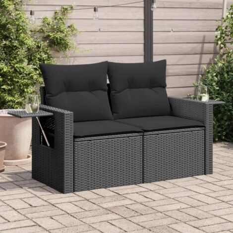 Gartensofa mit Kissen 2-Sitzer Schwarz Poly Rattan vidaXL