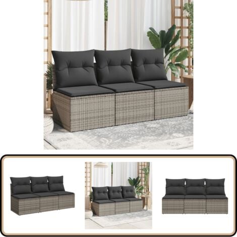 Gartensofa mit Kissen 3-Sitzer Grau Poly Rattan - Gartensofa - Outdoor Möbel - Balkonmöbel - Lounge Set - Rattan Gartenmöbel
