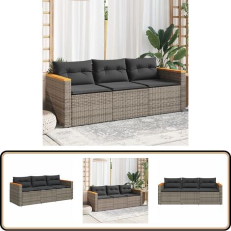 Gartensofa mit Kissen 3-Sitzer Grau Poly Rattan - Gartensofa - Outdoor Möbel - Lounge Set - Rattan Gartenmöbel - Gartenstuhl