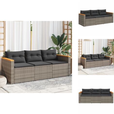 Gartensofa mit Kissen 3-Sitzer Grau Poly Rattan - Gartensofa - Outdoor Möbel - Lounge Set - Rattan Gartenmöbel - Gartenstuhl