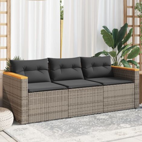 Gartensofa mit Kissen 3-Sitzer Grau Poly Rattan vidaXL