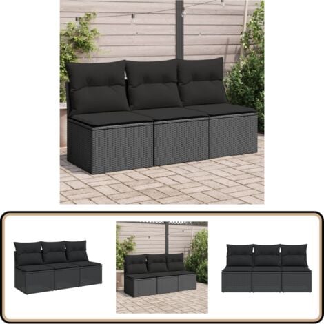 Gartensofa mit Kissen 3-Sitzer Schwarz Poly Rattan - Gartensofa - Outdoor Möbel - Balkonmöbel - Esszimmerset - Lounge Set