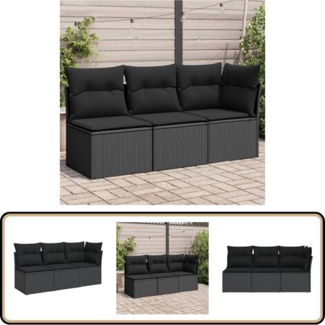 Gartensofa mit Kissen 3-Sitzer Schwarz Poly Rattan - Gartensofa - Outdoor Möbel - Gartenmöbel - Lounge Set - Rattan Sofa