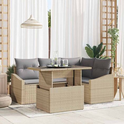 Gartensofa-set mit Kissen 5 pcs Beige und Hellgrau Poly-Rattan vidaXL