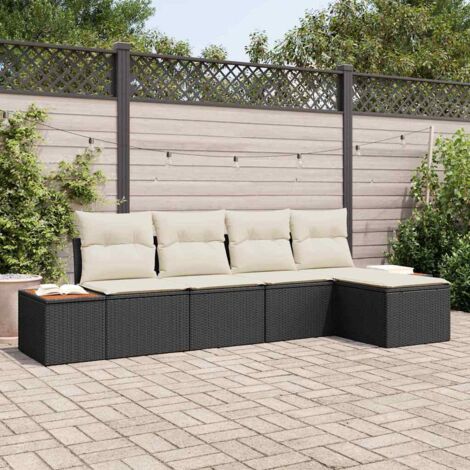 Gartensofa-set mit Kissen 5 pcs Schwarz und Creme Poly Rattan vidaXL