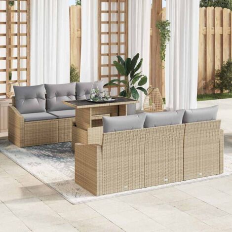 Gartensofa-set mit Kissen 7 pcs Beige und Hellgrau Poly-Rattan vidaXL