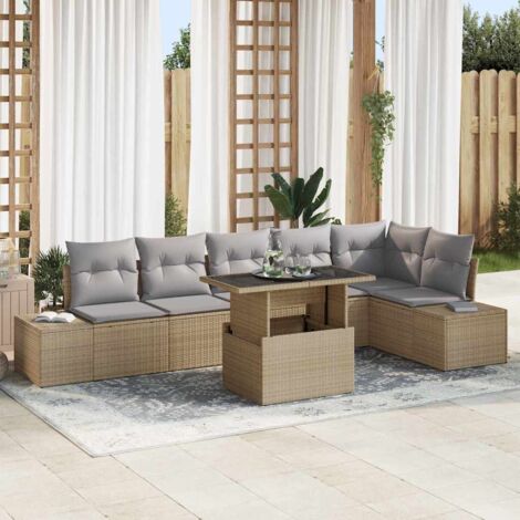 Gartensofa-set mit Kissen 7 pcs Beige und Hellgrau Poly-Rattan vidaXL