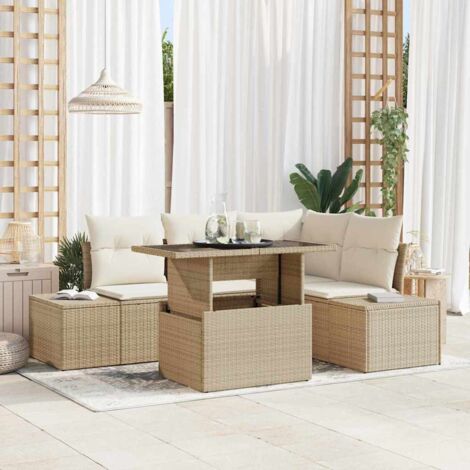 Gartensofa-set mit Kissen mit Speicher 5 pcs Beige Poly-Rattan vidaXL