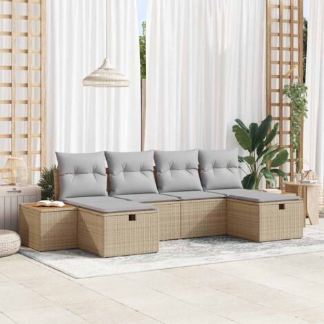 Gartensofa-set mit Kissen mit Speicher 6 pcs Beige Poly-Rattan vidaXL