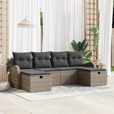 Gartensofa-set mit Kissen mit Speicher 6 pcs Grau Poly-Rattan vidaXL