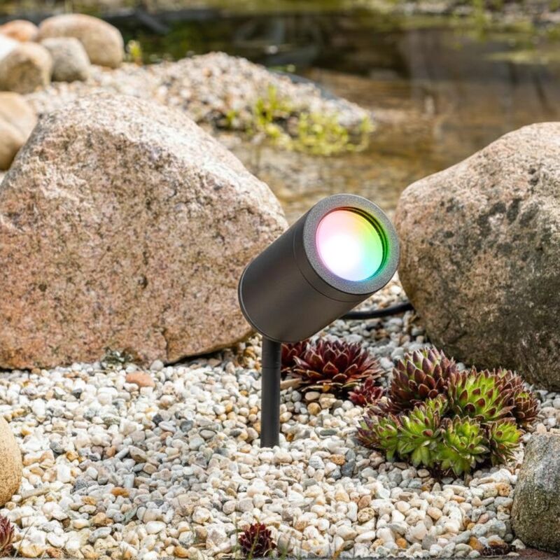 Gartenstrahler mit Erdspieß rund schwarz - LED Leuchtmittel: GU10 5W RGB+CCT Smart Tuya