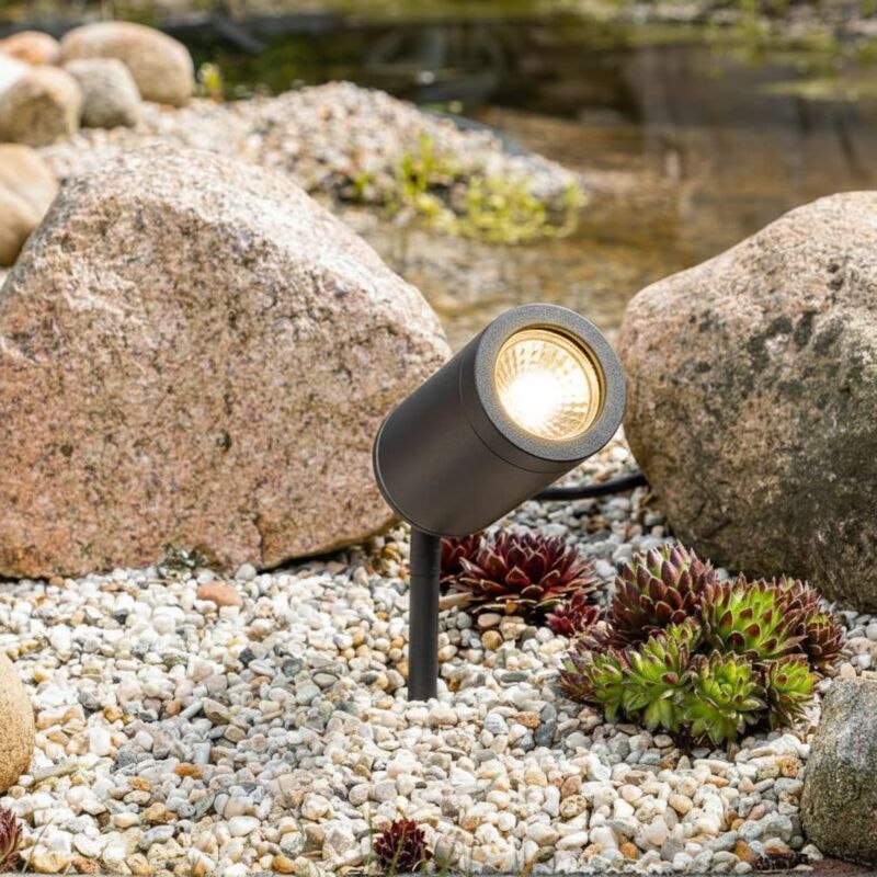 Gartenstrahler mit Erdspieß rund schwarz - LED Leuchtmittel: GU10 5W warmweiß dimmbar