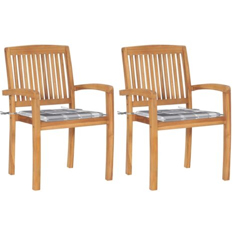 Gartenstühle 2 Stk. Graue Karomuster Kissen Massivholz Teak