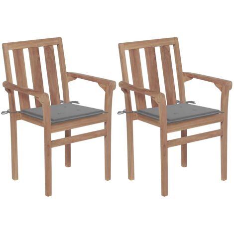 Gartenstühle 2 Stk. mit Grauen Kissen Teak Massivholz vidaXL