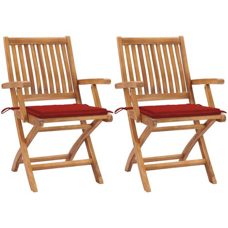 Gartenstühle 2 Stk. mit Roten Kissen Teak Massivholz vidaXL