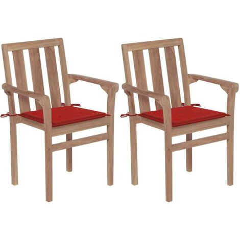 Gartenstühle 2 Stk. mit Roten Kissen Teak Massivholz vidaXL503943