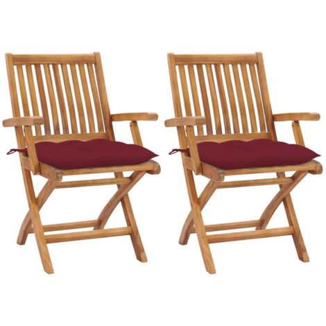Gartenstühle 2 Stk. mit Weinroten Kissen Massivholz Teak
